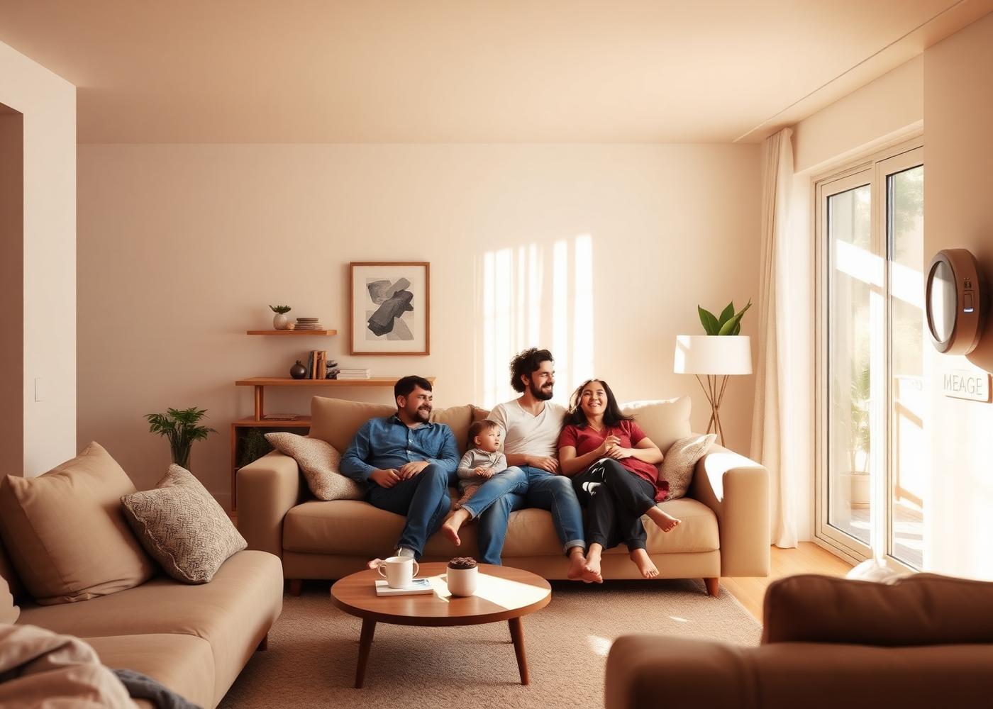 Family relaxing in a comfortable, climate-controlled living room