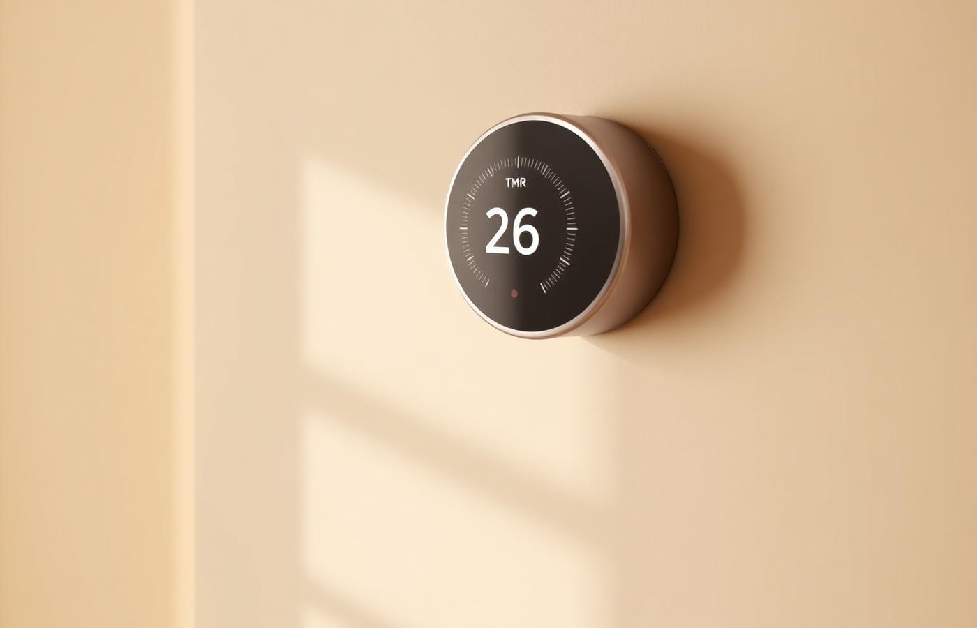 Modern smart thermostat mounted on a warm neutral wall